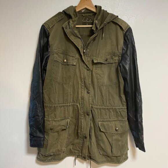 Talula Olive Green Faux Leather Sleeve Women's Utility Jacket Size M - Picture 2 of 11
